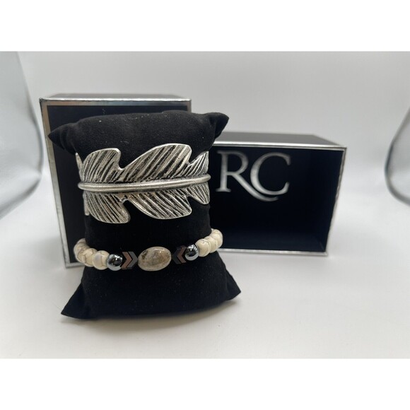 Rustic Cuff Leaf Metal Cuff Bracelet & Natural Stone Stretch Bracelet Set New - Picture 1 of 7